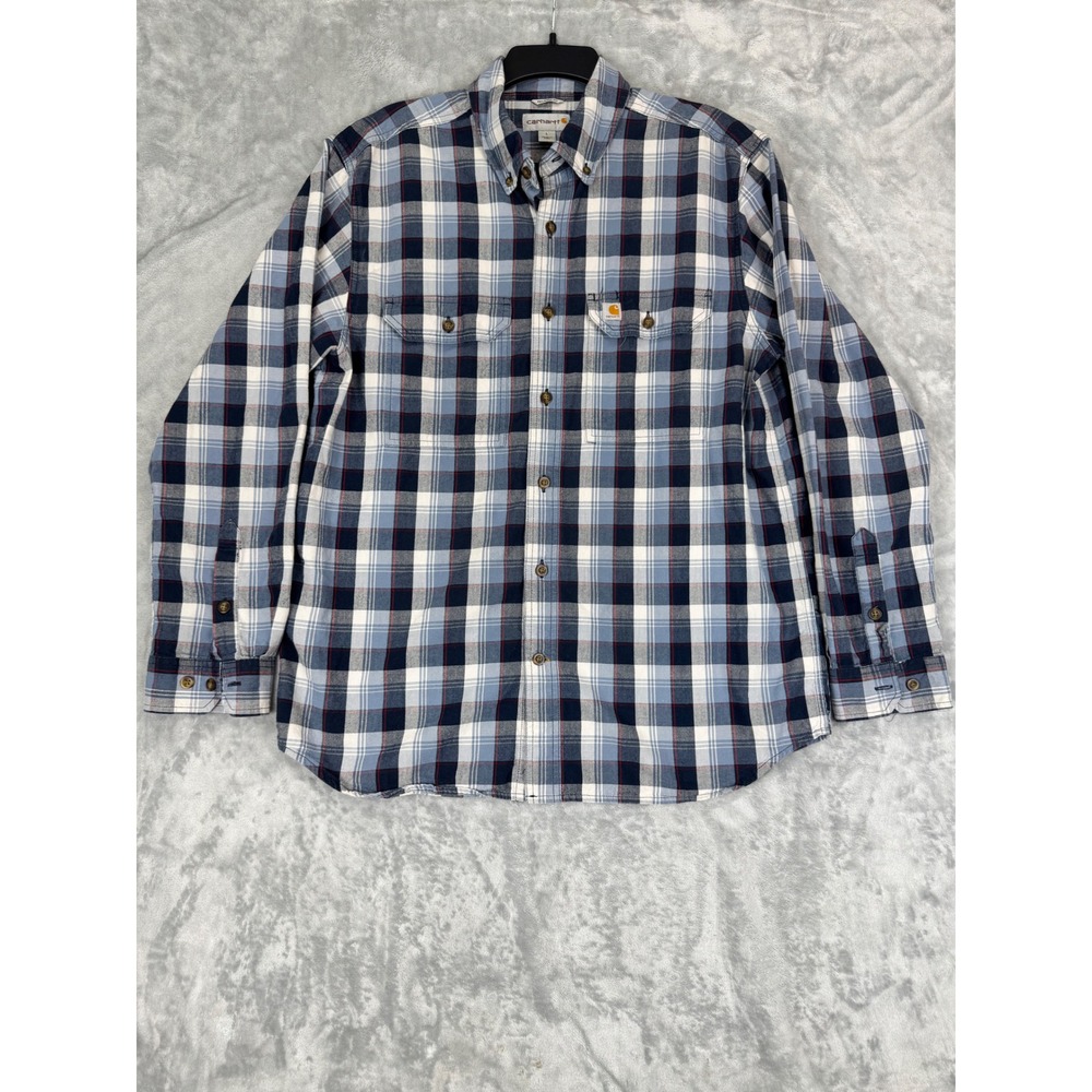 Carhartt Men's Relaxed Fit‎ Plaid Flannel Long Sleeve Button Up Shirt Large Blue